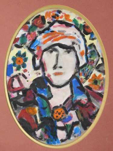 20thC School. Portrait of a young lady, gouache on paper, unsigned, 30cm x 21cm.