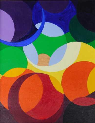 Mary Perridge (20thC). Psychedelic Circles, acrylic on canvas, unsigned, labelled verso, 49cm x...