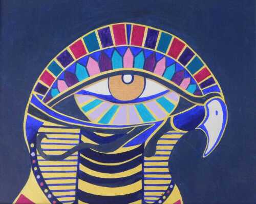 Mary Perridge (20thC). Egyptian eye, acrylic on board, initialled, labelled verso, 40cm x 50cm.