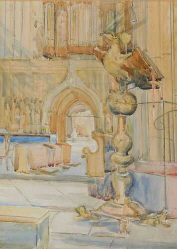 19thC School. Cathedral interior, watercolour, unsigned, 39cm x 28cm.