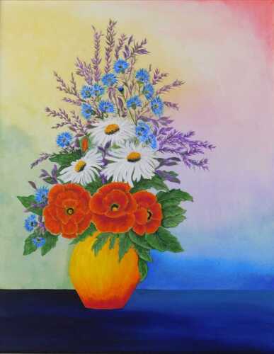 Mary Perridge (20thC). Still life, vase of summer flowers, acrylic on canvas, unsigned, 76cm x...