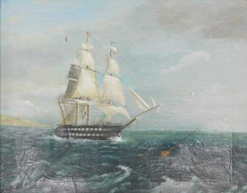 S H (19thC School). Ship on calm waters, oil on canvas, monogrammed and dated 1878, 49cm x 66cm.