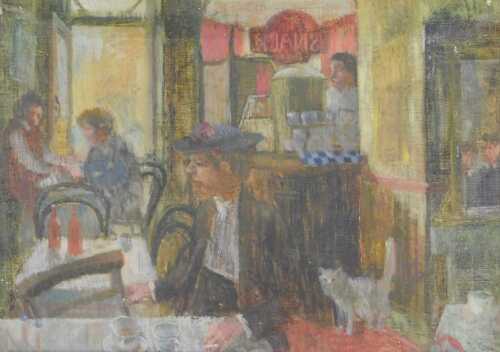 Peter Brannan (1926-1994). Cafe interior, oil on canvas, labelled verso with further card...