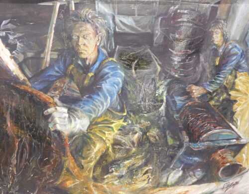 Mike Helmy (20thC). Industrial scene, figures at work, oil on canvas, 166cm x 201cm.