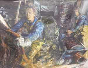 Mike Helmy (20thC). Industrial scene, figures at work, oil on canvas, 166cm x 201cm.