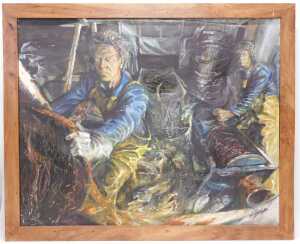 Mike Helmy (20thC). Industrial scene, figures at work, oil on canvas, 166cm x 201cm. - 2