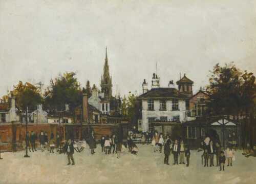 Peter Brannan (1926-1994). School yard, oil on board, titled, with The Trafford Gallery 119...