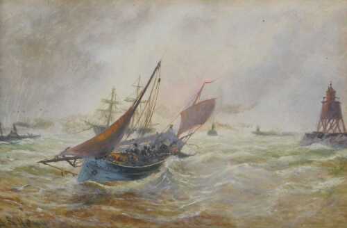 Bernard Benedict Henry (1845-1913). Fishing boats off the coast, oil, signed, 14cm x 22cm.
