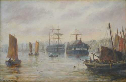 Bernard Benedict Henry (1845-1913). Masted ships, oil, signed, 14cm x 22cm.