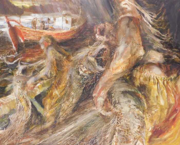 Mike Helmy (20thC). Fishing trawlers and fishermen landing cod, oil on board, 126cm x 150cm.