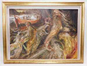Mike Helmy (20thC). Fishing trawlers and fishermen landing cod, oil on board, 126cm x 150cm. - 2