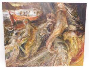 Mike Helmy (20thC). Fishing trawlers and fishermen landing cod, oil on board, 126cm x 150cm. - 3