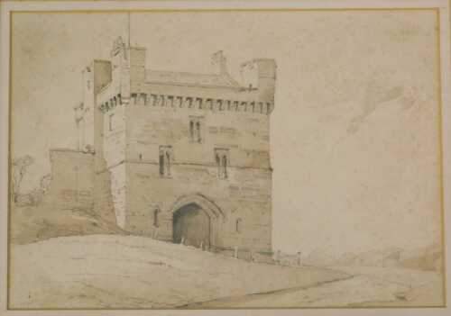 Augustus John Cuthbert Hare (1834-1903). Morpeth Castle, watercolour, 17cm x 24.5cm. 
Label...