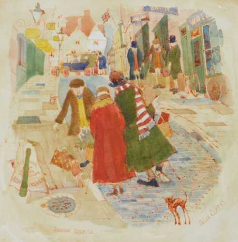 Colin Carr (1929-2002). Lincoln Steep Hill, watercolour, signed, titled and dated (19)83, 25cm x...
