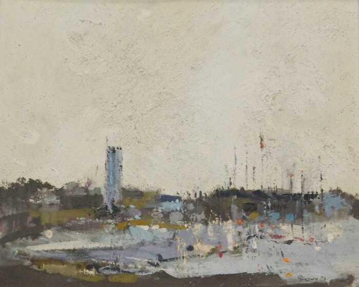 Leslie Goodwin (1929-2022). Abstract townscape, oil on canvas, signed and dated (19)73, 40cm x...