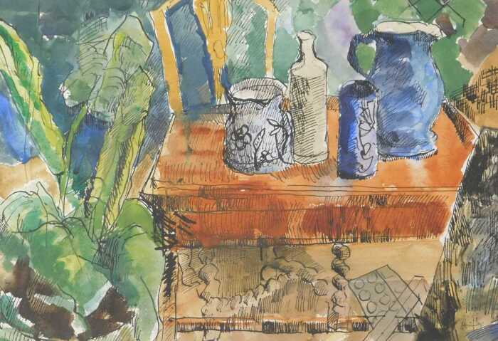 Earl Haig (1918-2009). Still life with table and chair, watercolour, pen and ink, signed, SG The...