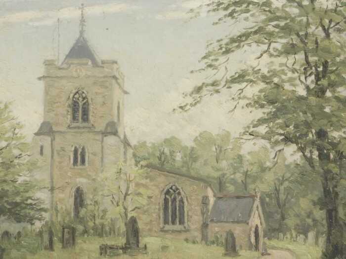 Clive Richard Browne (1901-1991). Church, oil on board, signed, 29cm x 39cm.