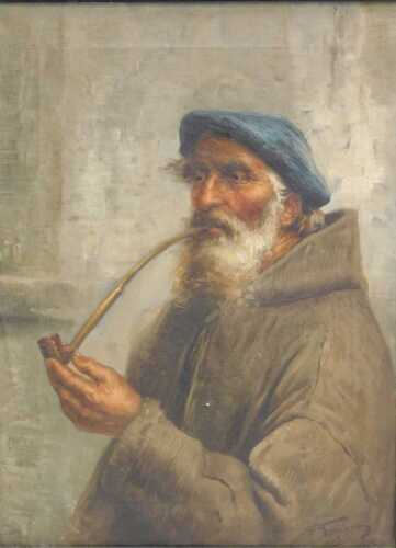 Raffaele Frigerio (1875-1948). Elderly gentleman smoking pipe, oil on canvas, signed, 40cm x 29cm.
