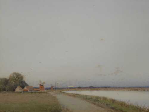 John Reginald Goodman (b.1878). Norfolk Broads, wetlands with windmills in the distance,...
