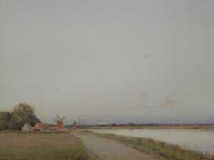 John Reginald Goodman (b.1878). Norfolk Broads, wetlands with windmills in the distance,...