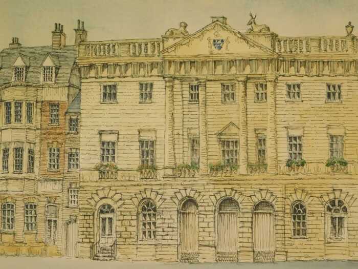 Garfield (20thC). Townhall Newark, mixed media, signed and titled, paper label verso, 30cm x 50cm.