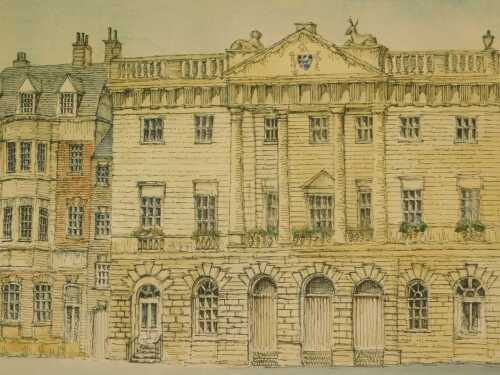 Garfield (20thC). Townhall Newark, mixed media, signed and titled, paper label verso, 30cm x 50cm.