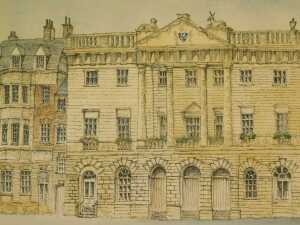 Garfield (20thC). Townhall Newark, mixed media, signed and titled, paper label verso, 30cm x 50cm.