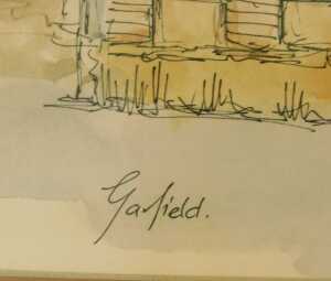 Garfield (20thC). Townhall Newark, mixed media, signed and titled, paper label verso, 30cm x 50cm. - 3