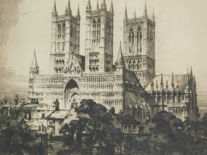 Albany E Howarth (1872-1936). Lincoln Cathedral etching, signed, 32cm x 36cm.