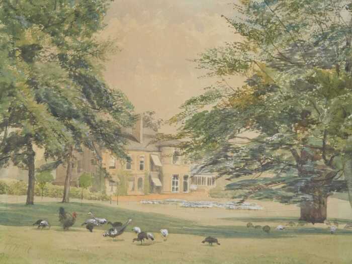 Kate Prentice (1845-1911). A country house with turkeys grazing, watercolour, signed, dated...