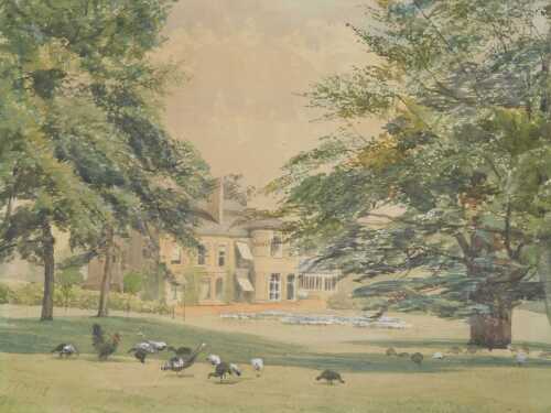 Kate Prentice (1845-1911). A country house with turkeys grazing, watercolour, signed, dated...