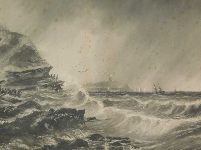 Frank Henry Mason (1875-1965). Stormy seas, seagulls before boats on rough waters with cliffs in...