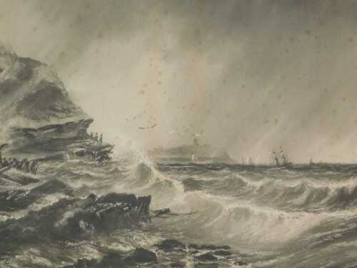 Frank Henry Mason (1875-1965). Stormy seas, seagulls before boats on rough waters with cliffs in...