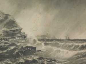 Frank Henry Mason (1875-1965). Stormy seas, seagulls before boats on rough waters with cliffs in...