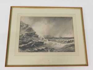 Frank Henry Mason (1875-1965). Stormy seas, seagulls before boats on rough waters with cliffs in... - 2