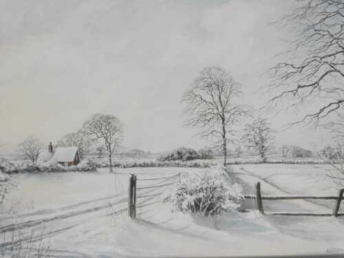 Eric L Littlewood (b.1930). Winter scene with fence before cottage, watercolour, signed, 25cm x...