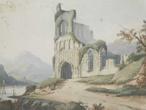 Elias Martin (1740-1811). Continental scene, ruin before mountains, watercolour, attributed...