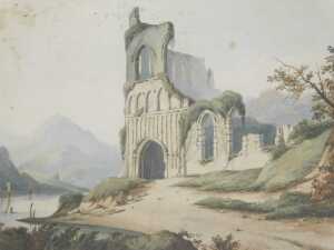 Elias Martin (1740-1811). Continental scene, ruin before mountains, watercolour, attributed...