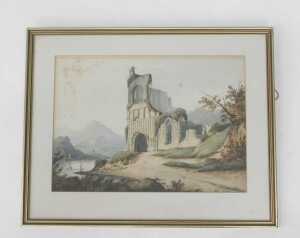 Elias Martin (1740-1811). Continental scene, ruin before mountains, watercolour, attributed... - 2
