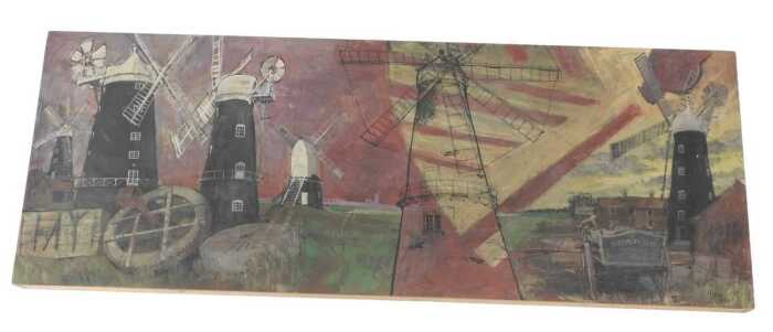 JM Webster (20thC). Norfolk windmills, oil on board, signed, 46cm x 110cm.