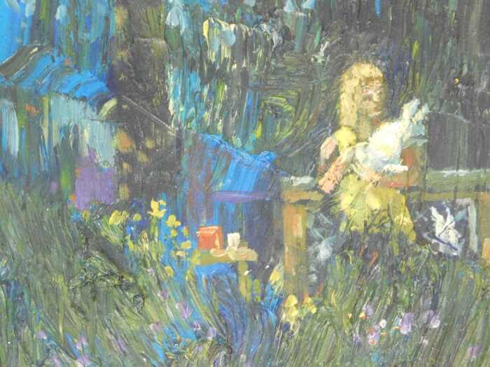 Gerry Blood (1932-2005). The White Rabbit, oil on board, signed, attributed verso, 16cm x 23cm.