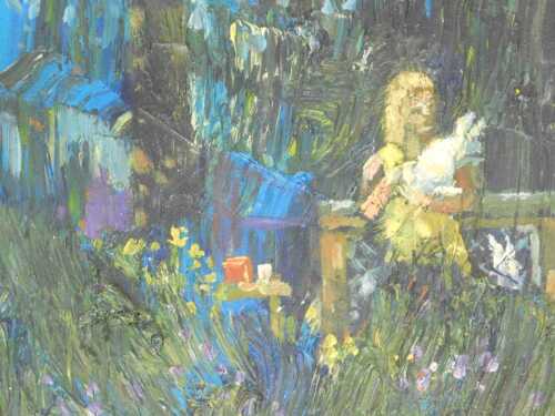 Gerry Blood (1932-2005). The White Rabbit, oil on board, signed, attributed verso, 16cm x 23cm.