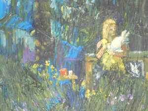 Gerry Blood (1932-2005). The White Rabbit, oil on board, signed, attributed verso, 16cm x 23cm.