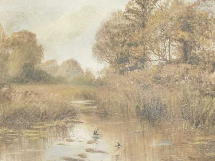 19thC School. Swallows and stream in forest landscape, oil on canvas, unsigned, 37cm x 49cm.