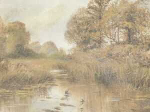 19thC School. Swallows and stream in forest landscape, oil on canvas, unsigned, 37cm x 49cm.