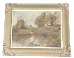 19thC School. Swallows and stream in forest landscape, oil on canvas, unsigned, 37cm x 49cm. - 2