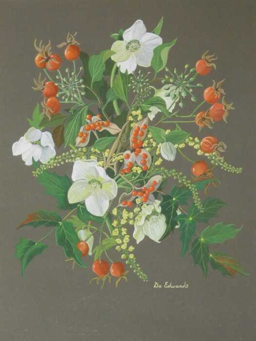 Edwards (20thC). Flowers and rosehips, gouache, signed, 54cm x 40cm.
