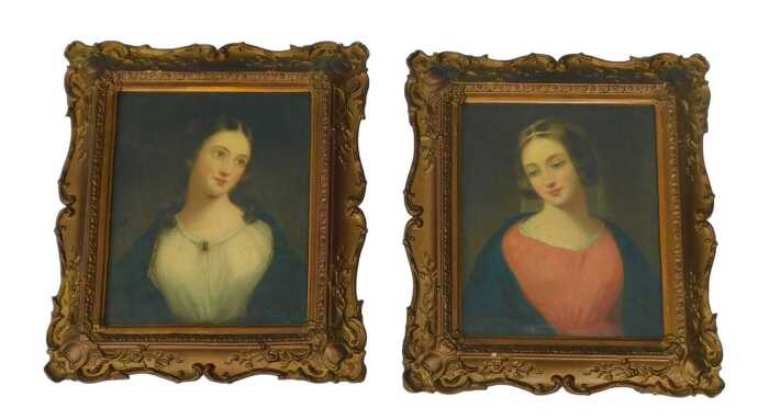 Alfred Leopold Egg (1816-1863). Portraits of Two Theatrical Beauties, oil on canvas, a pair,...