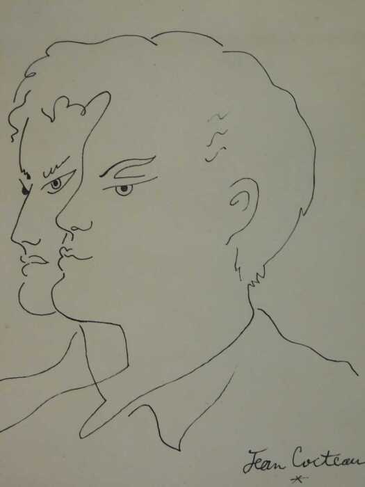 Jean Cocteau (1889-1963). Two heads, pen, signed, 22cm x 20cm.