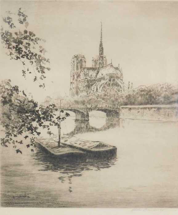 19thC French School. Notre Dame, engraving, signed, 23cm x 19cm.